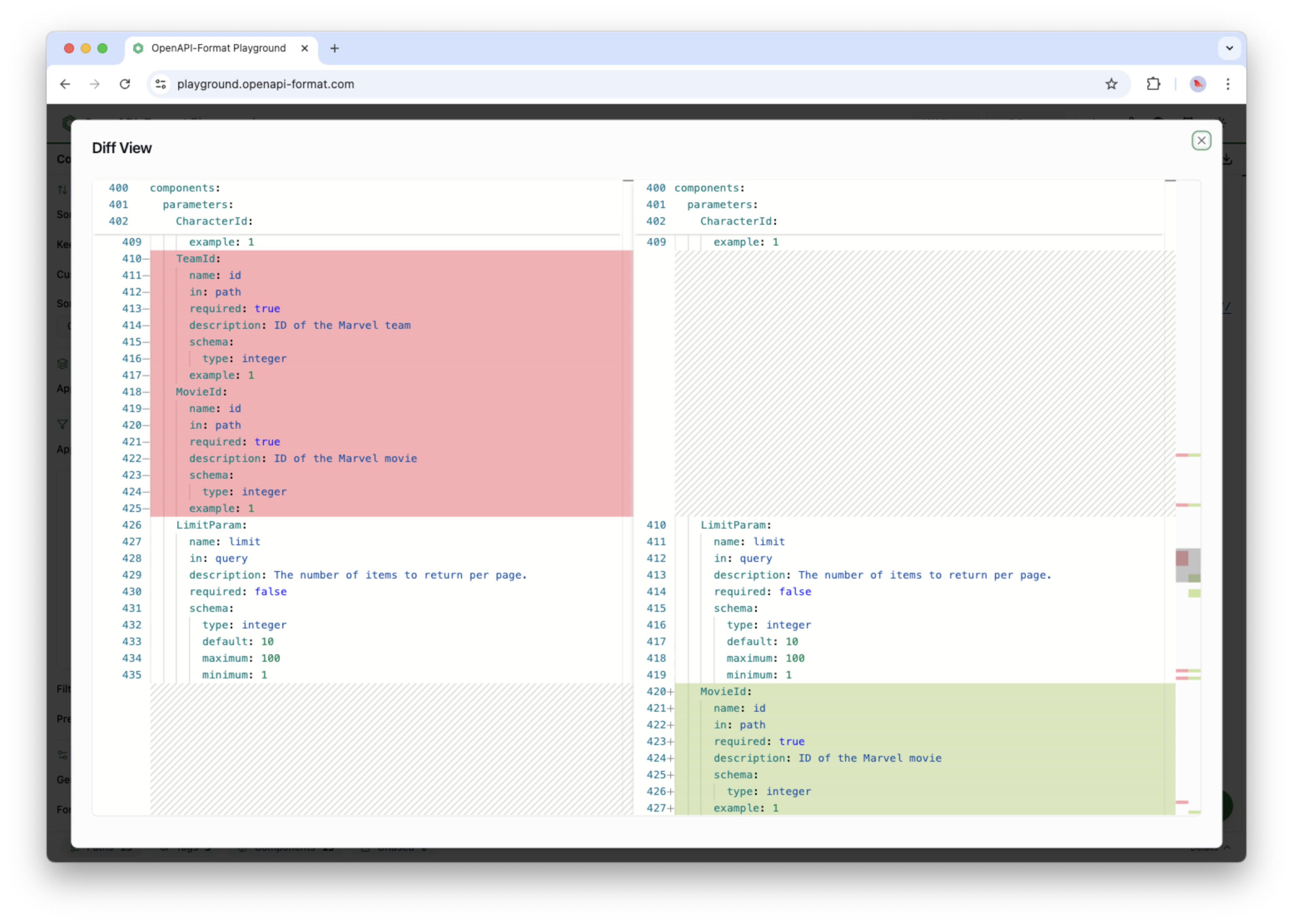 The OpenAPI Format Playground showing a diff view between the original and updated OpenAPI document.