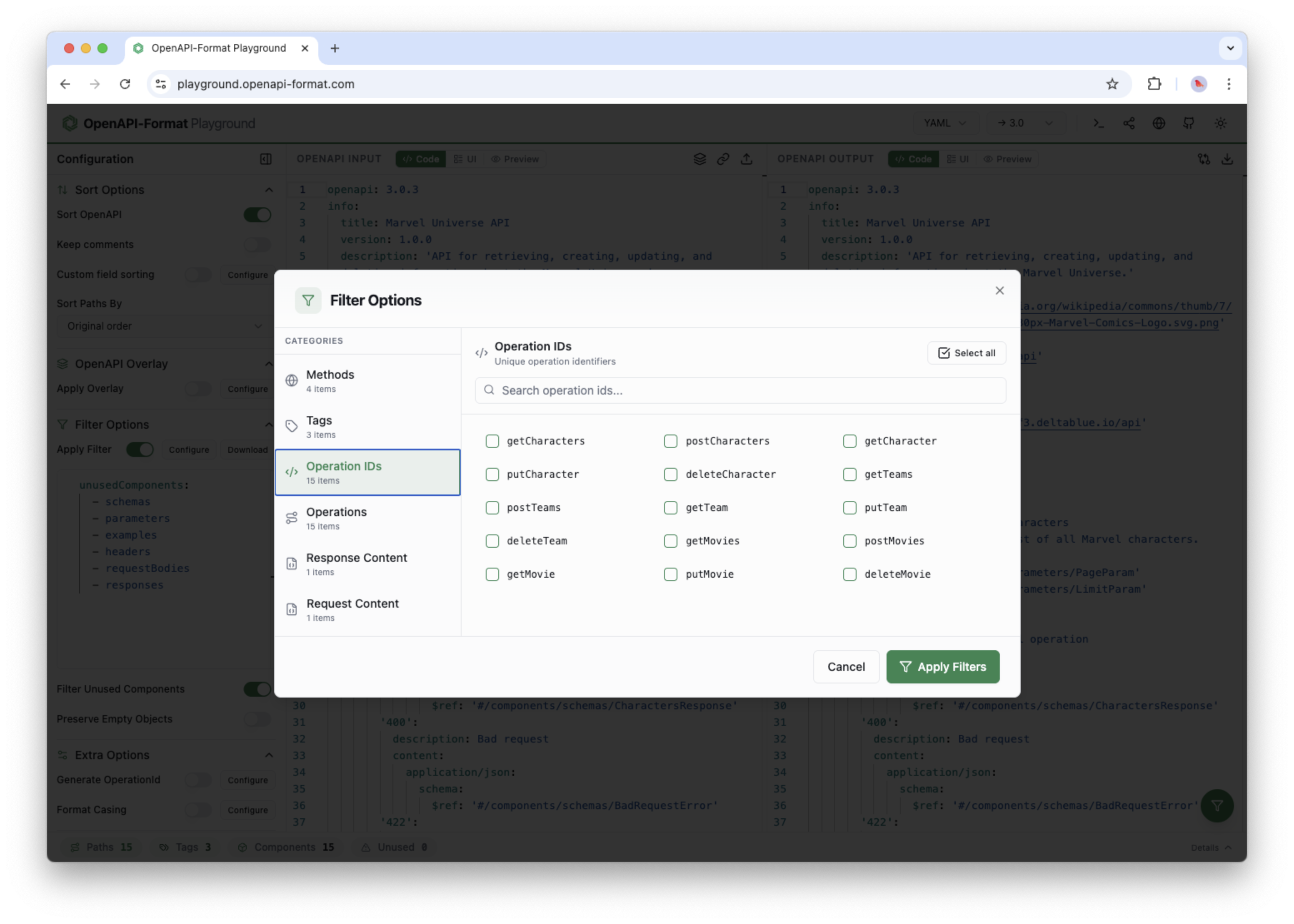 The OpenAPI Format Playground showing the filter options dialog with operation IDs selected.