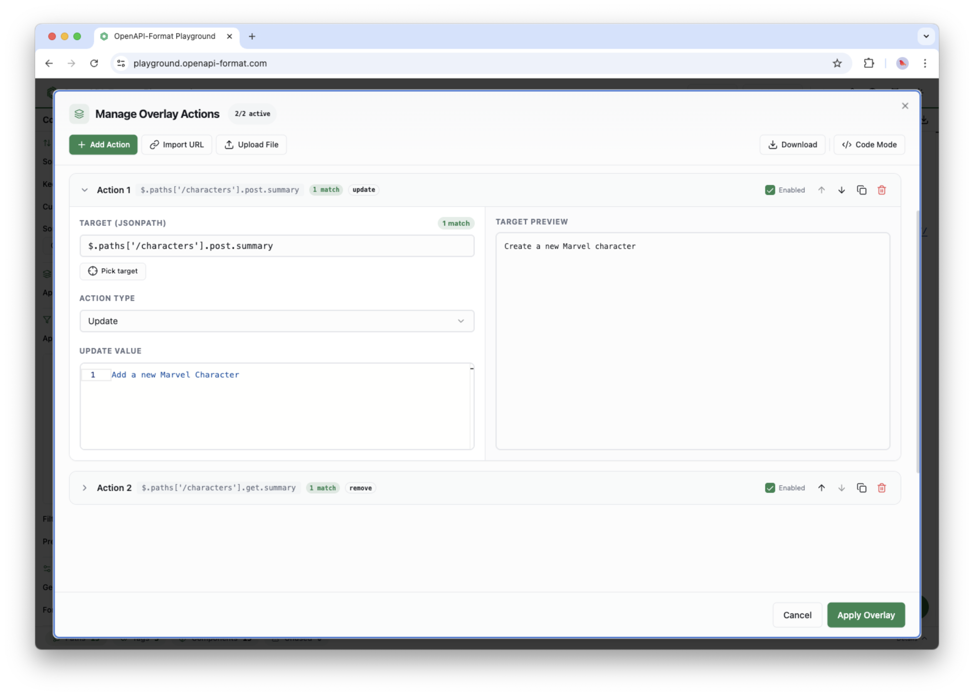 The OpenAPI Format Playground showing overlay actions configured for an OpenAPI document.