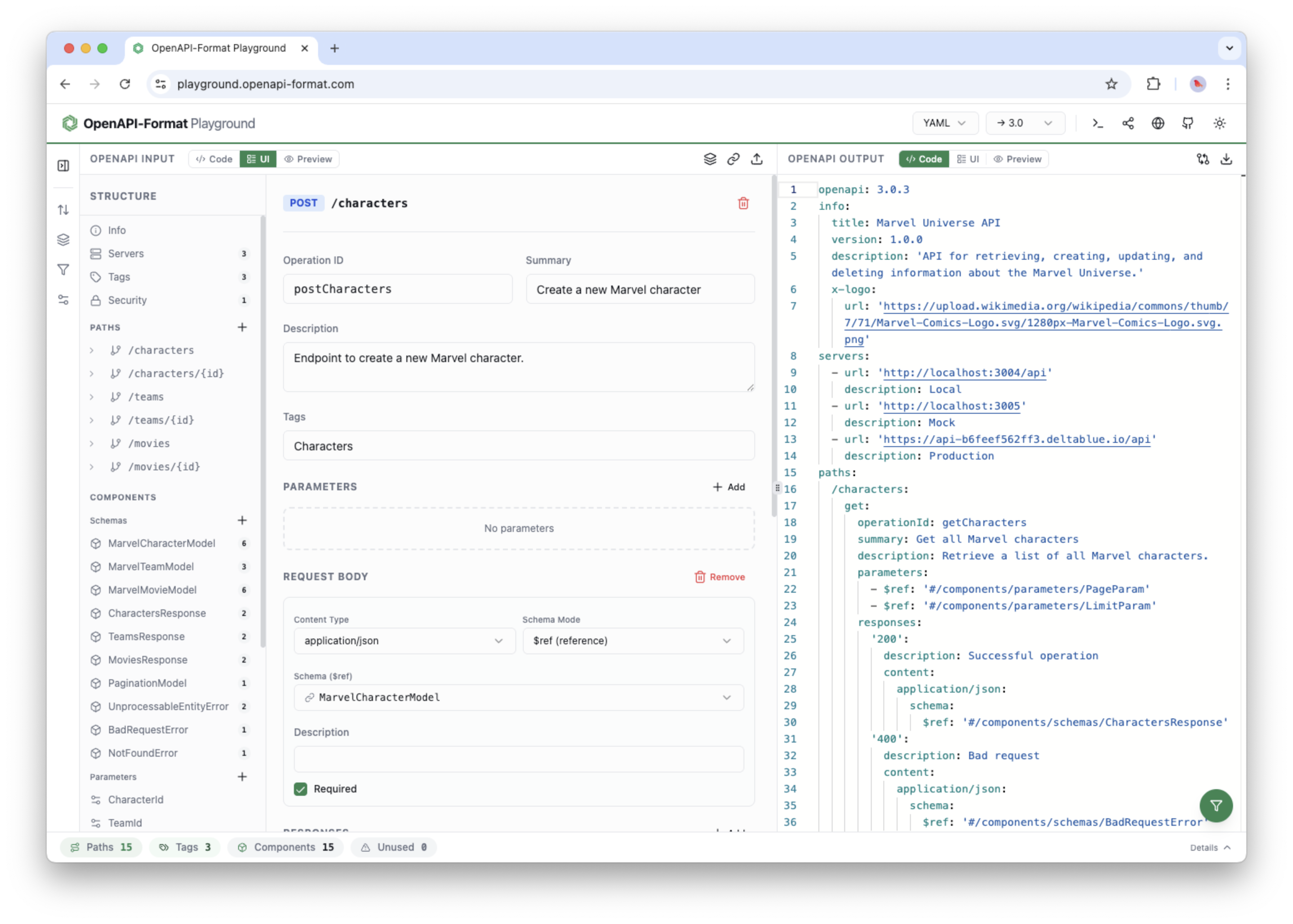 The OpenAPI Format Playground showing the visual editor for an OpenAPI operation.